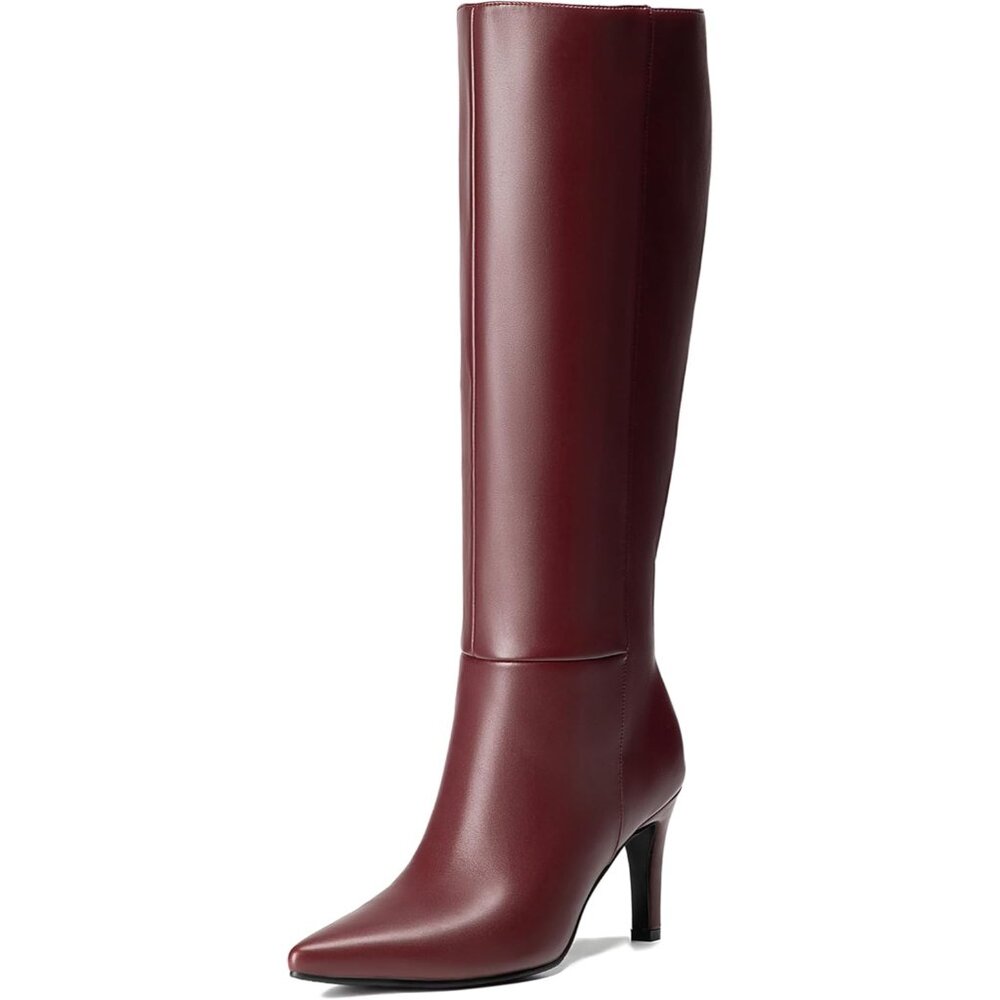 Women's Burgundy Knee High Boots Pointed Toe Stiletto Tall Side Zipper Dress